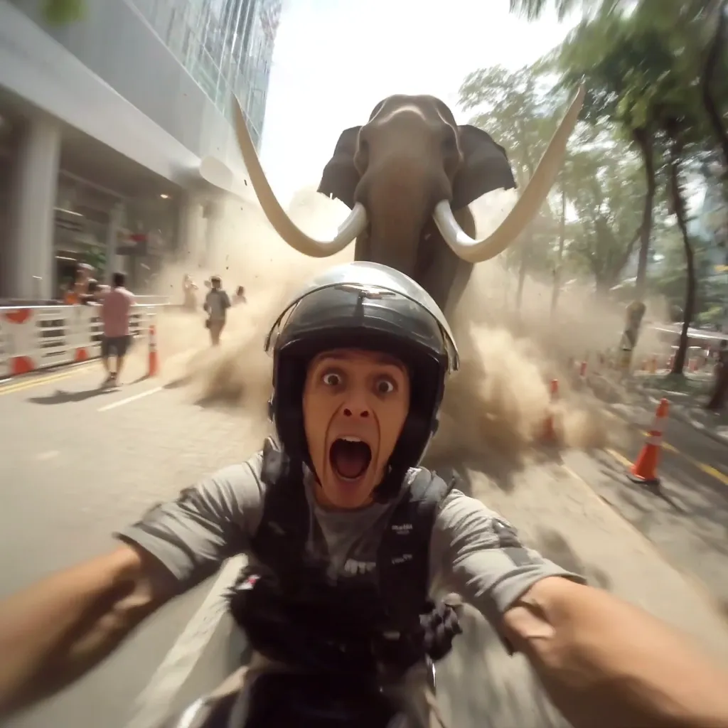 A terrified motorcyclist wearing a helmet takes a selfie as a large elephant charges down a city street, kicking up a cloud of dust.  Pedestrians scatter in panic. The scene is chaotic and action-packed, captured from the motorcyclist's first-person perspective.  The image evokes a sense of intense surprise and impending danger.