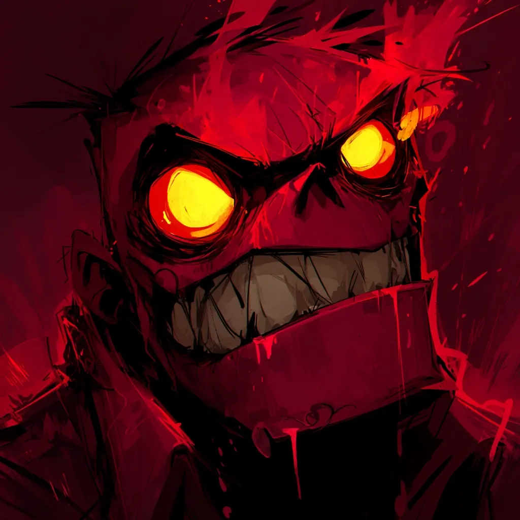 A stylized digital painting of a monstrous figure.  Rendered in fiery reds and oranges, the creature boasts glowing yellow eyes, a wide, sharp-toothed grin, and a textured, almost bloody, surface. The style is dark and intense, with expressive brushstrokes suggesting movement and aggression. The creature's face dominates the composition, creating a powerful and menacing presence.