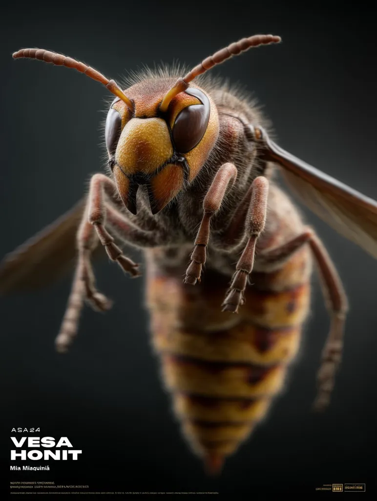 A close-up shot reveals a meticulously detailed 3D render of a European hornet.  Its hairy body, segmented abdomen, and multifaceted eyes are sharply defined against a dark background. The image showcases the insect's intricate features with exceptional realism, highlighting the artist's skill in digital modeling and rendering.  The title "Vesa Honit" is subtly placed at the bottom, suggesting an artistic project or film.
