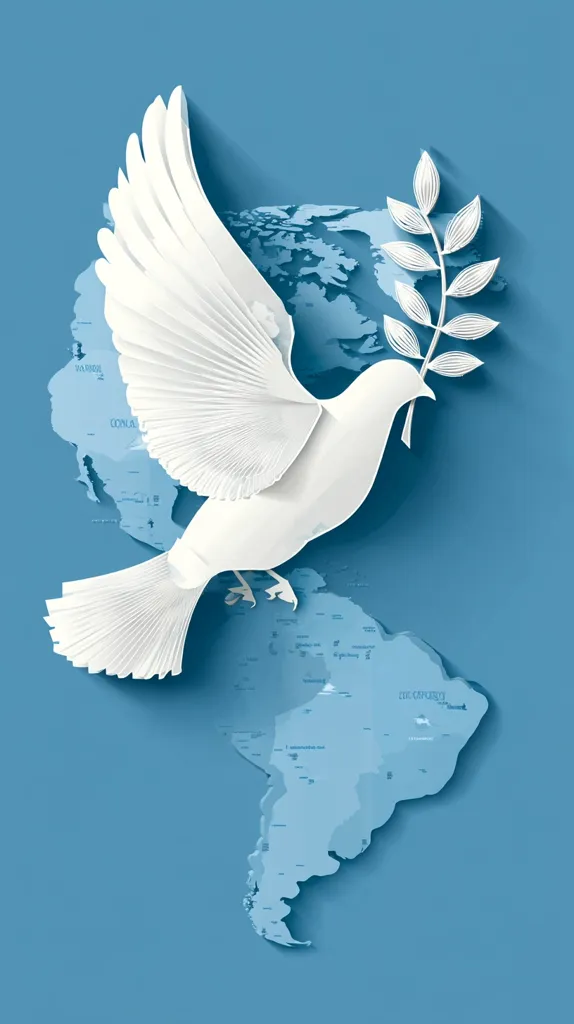 A stylized paper-cut dove, carrying an olive branch, flies over a partially visible world map.  The dove is white, and the map is rendered in shades of blue, suggesting a theme of global peace and harmony. The image's clean lines and simple color palette create a serene and hopeful atmosphere.  The overall design is elegant and symbolic.