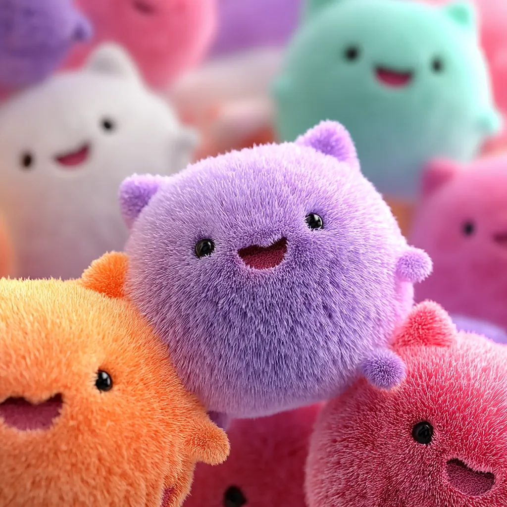 A close-up shot reveals a cluster of adorable, fluffy plushies in various pastel colors.  Each plush has a simple, happy face, small ears, and a soft, textured appearance. The colors include lavender, orange, pink, and mint green, creating a cheerful and playful scene. The image focuses on a central purple plush, surrounded by its colorful companions, creating a sense of warmth and fun.
