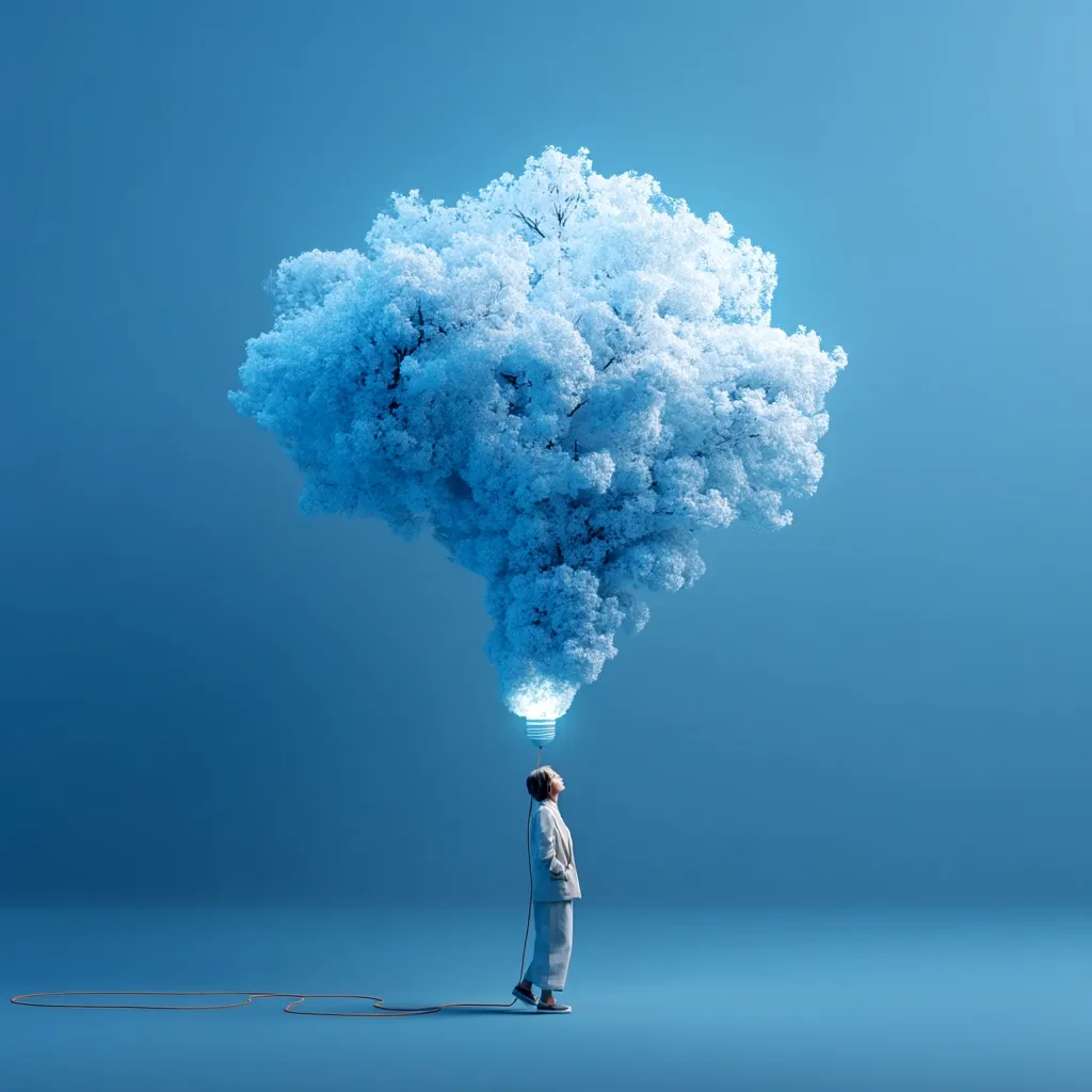 A person stands gazing upwards at a large, glowing lightbulb shaped like a tree.  The bulb, formed from a stylized, white tree, symbolizes a brilliant idea or innovative thinking. The serene blue background enhances the ethereal and conceptual nature of the image, suggesting growth, enlightenment, and the power of imagination.  A thin cord connects the person to the lightbulb, representing a connection to inspiration.