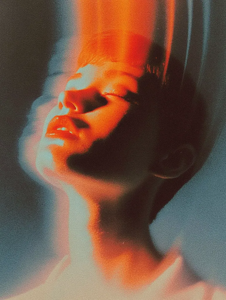 A stylized portrait of a person's face, bathed in warm orange and cool teal light.  The image has a dreamy, ethereal quality, with motion blur suggesting movement or energy.  The subject's eyes are closed, and their head is tilted back, creating a serene yet intense mood.  The overall effect is one of artistic expression and visual abstraction.