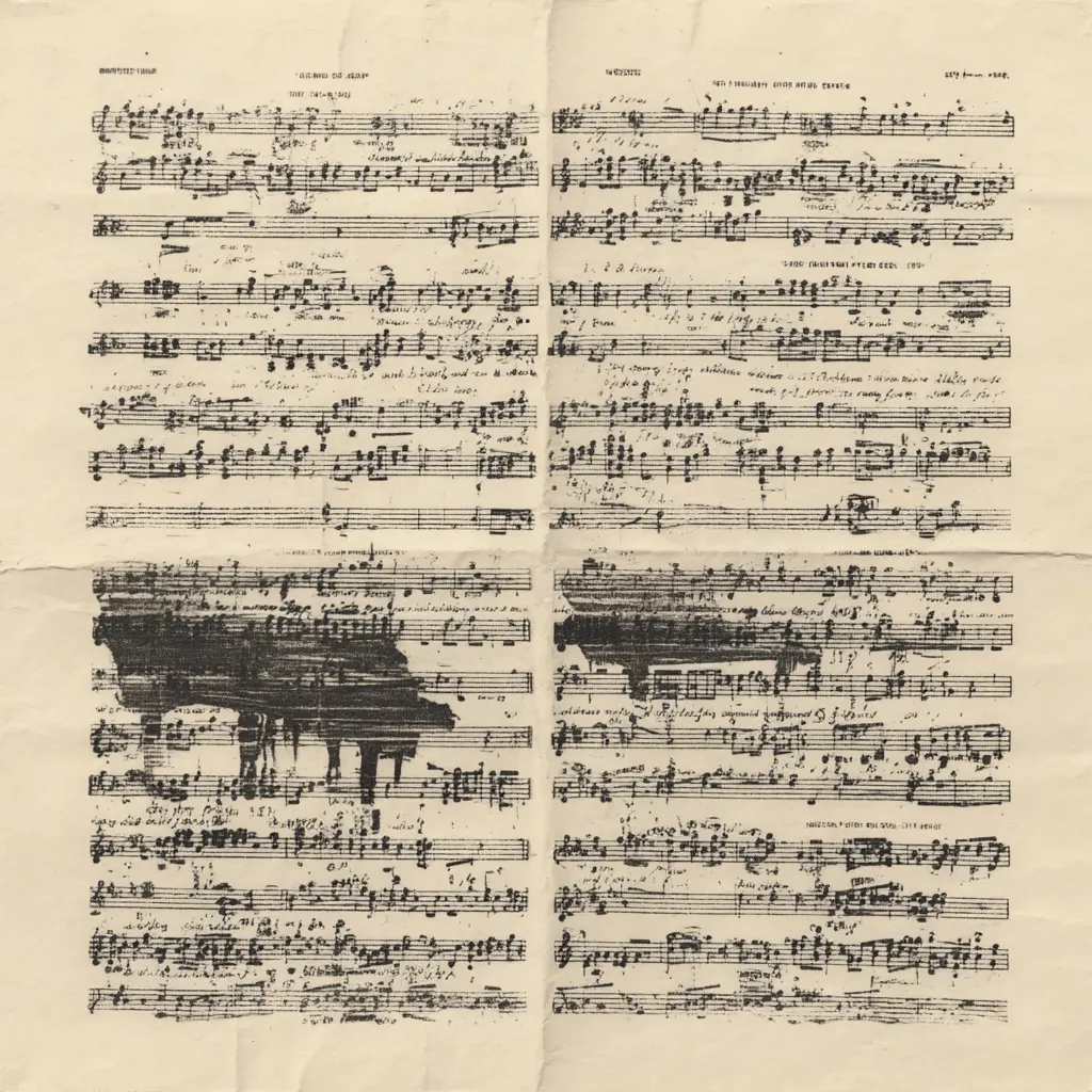 A fragmented sheet of handwritten musical notation, possibly a score or part of a composition, shows several staves with notes, clefs, and musical markings.  The handwritten text appears to be in Italian, suggesting an opera or other classical piece.  The paper is aged and shows signs of wear, with some sections smudged or damaged, obscuring parts of the music.  The style suggests a piece from the Classical or Romantic era.