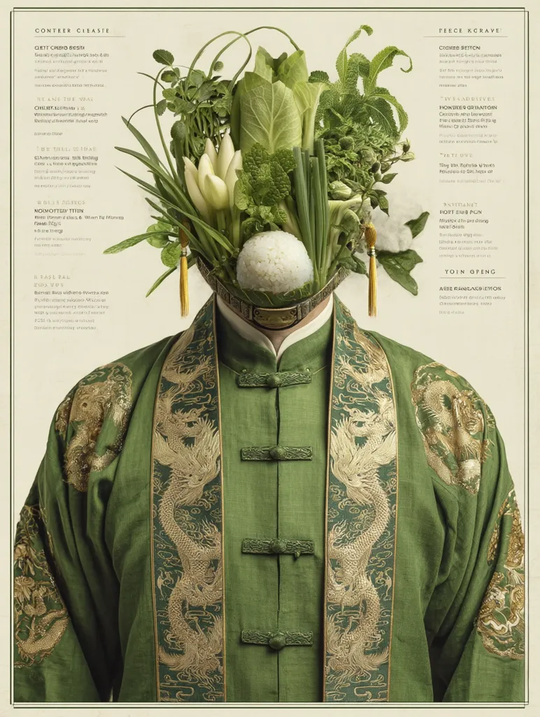 A stylized portrait depicts a person wearing a traditional green Chinese robe adorned with gold dragon embroidery.  The head is replaced with a vibrant arrangement of various vegetables and a rice ball, suggesting a fusion of cultural and culinary themes.  Surrounding text lists ingredients and dishes, possibly representing a menu or culinary concept.