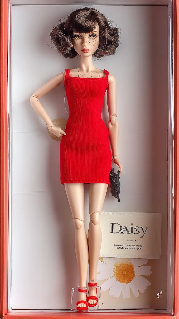 A Daisy doll in a red dress is showcased in her box.  The doll has short brown curly hair, freckles, and is wearing red heels.  She holds a small black purse. The box features a daisy design and the doll's name. The overall aesthetic is stylish and vintage-inspired.