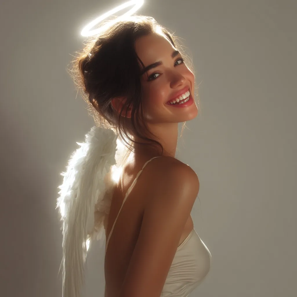 A radiant young woman with dark hair smiles brightly, adorned with a halo and a single white angel wing.  Her expression is joyful and carefree, bathed in soft, ethereal light. She wears a simple, off-white camisole, emphasizing her natural beauty. The overall mood is one of innocence and angelic charm.