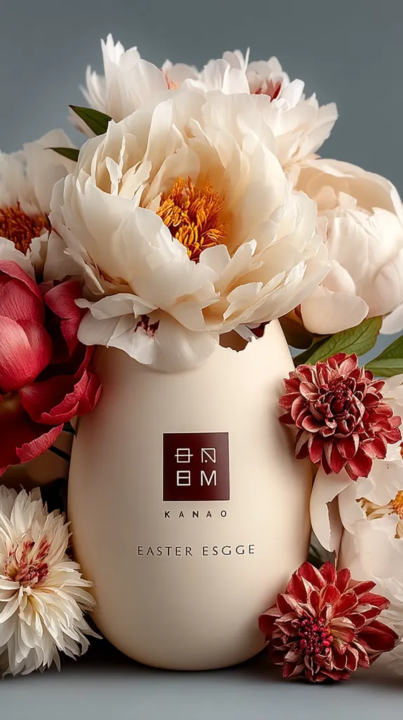 A beige egg-shaped vase sits amidst a bouquet of creamy white peonies, deep red dahlias, and smaller white flowers.  The vase is labeled "KANAO EASTER EGG," showcasing a minimalist design. The overall image evokes a feeling of springtime elegance and sophistication.  The color palette is soft and muted, creating a calming visual effect.
