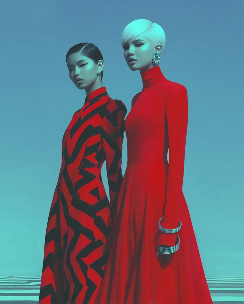 Two fashion models stand against a teal sky.  One wears a vibrant red dress with a flared skirt and silver bangles. The other is dressed in a red and black geometric patterned coat. Both have short, styled hair and striking makeup.  The image evokes a sense of modern minimalism and high fashion.