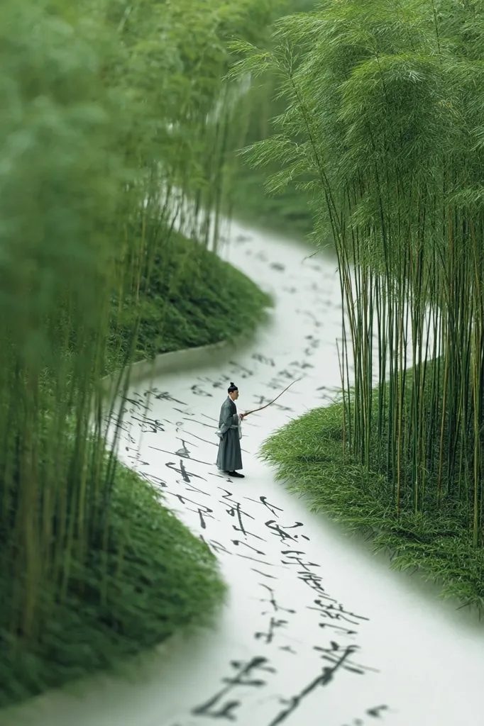 A miniature figure in traditional Chinese garb stands on a path bordered by lush green bamboo. The path is a scroll covered in elegant calligraphy.  The scene evokes a sense of serenity and contemplation, merging nature and artistry in a miniature landscape. The overall aesthetic is minimalist and calming, emphasizing natural textures and the beauty of simplicity.