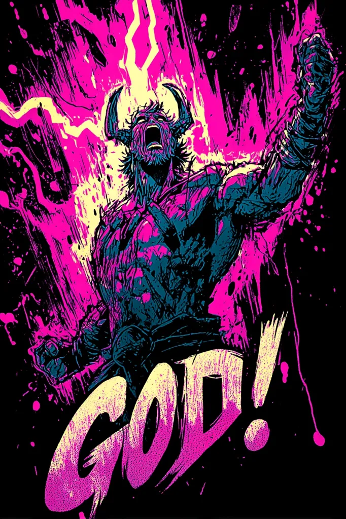 A vibrant, stylized illustration depicts a muscular, horned figure, possibly a god or deity, with arms raised in triumph.  He's rendered in shades of teal and purple against a backdrop of pink and yellow energy bursts and splatters. The word "GOD!" is prominently displayed below him in a matching color scheme. The overall aesthetic is bold, energetic, and suggestive of power and rage.