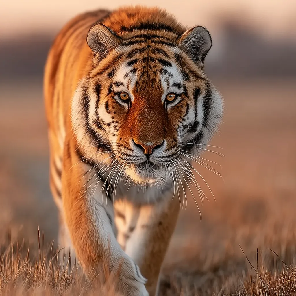 A majestic Siberian tiger strides purposefully towards the viewer.  Its orange and black striped coat is illuminated by the golden light of the setting sun, highlighting its powerful muscles and intense gaze.  The tiger's white chest fur and long whiskers are clearly visible. The background is blurred, focusing attention on the magnificent creature in the foreground of the dry, grassy landscape.
