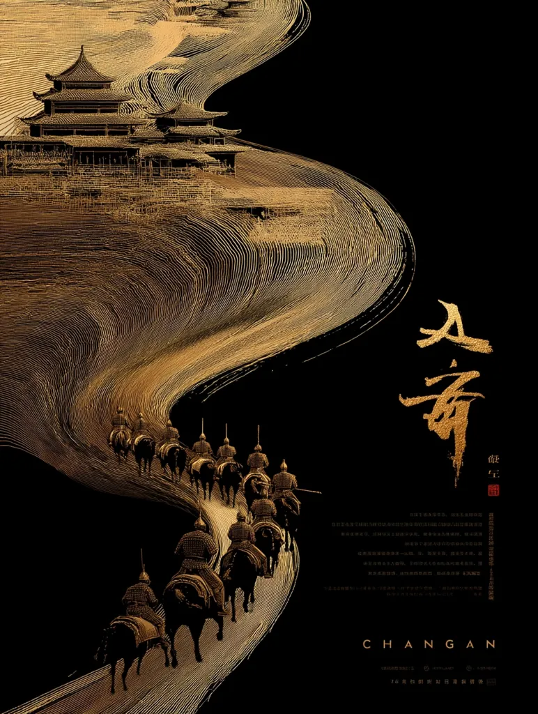 A dramatic poster for the film "Chang'an" features a golden stylized landscape.  A winding path, rendered in flowing gold lines, leads to an ancient Chinese building.  A procession of soldiers on horseback follows the path, their figures also depicted in gold against a black background.  The title "Chang'an" is prominently displayed, along with Chinese calligraphy. The overall aesthetic is elegant and evocative of historical grandeur.
