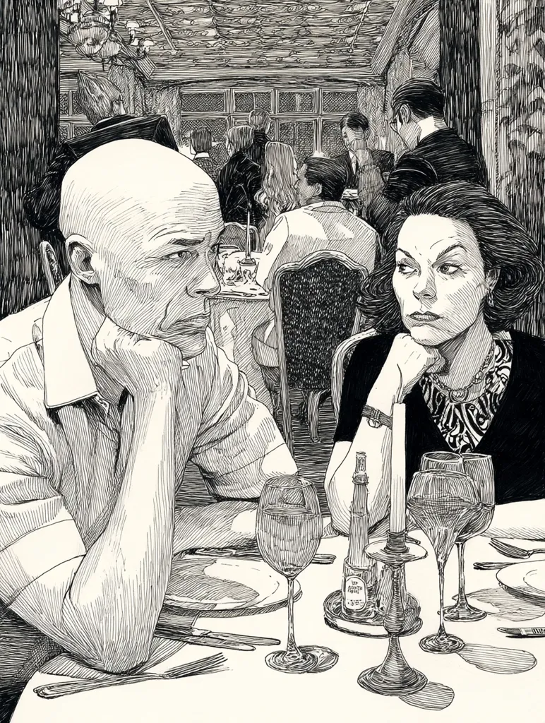 A meticulously detailed ink drawing depicts a couple seated at a restaurant table, their expressions somber.  The man, bald, rests his chin on his hand, while the woman, with dark hair, gazes pensively forward.  Surrounding them are other diners in a dimly lit, upscale setting, creating a mood of quiet contemplation and perhaps tension between the central figures.  A candle and wine glasses adorn the table, enhancing the intimate, yet somewhat strained atmosphere.