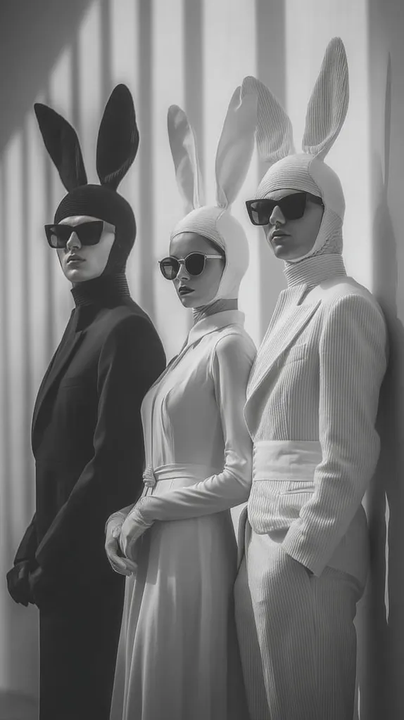 Three individuals, dressed in monochromatic bunny-eared suits, stand against a stark white wall.  The suits are black and white, creating a striking contrast.  Each person wears sunglasses, adding to the stylish yet mysterious aesthetic.  The lighting casts dramatic shadows, enhancing the overall mood of the image. The scene is elegant and slightly surreal.