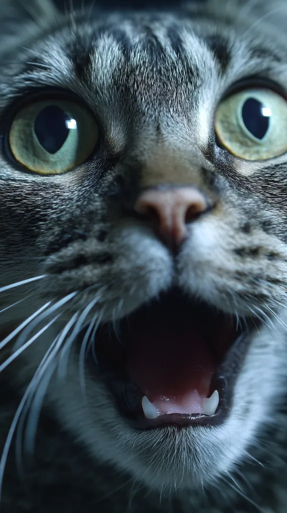 A close-up shot reveals a tabby cat's face, its mouth wide open in a surprised or startled expression.  Large, round eyes are wide with dilated pupils, and its whiskers extend outward. The fur is predominantly grey and black, with subtle tabby markings.  The pink nose is clearly visible, adding to the overall sense of the cat's emotional state.