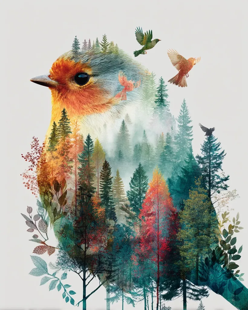 A vibrant double exposure image depicts a robin's head and chest seamlessly blended with a lush autumnal forest.  The bird's plumage is rendered in warm oranges and reds, mirroring the forest's fall colors. Smaller birds are subtly incorporated into the background, enhancing the nature theme.  The overall effect is a harmonious blend of avian and arboreal elements, creating a visually stunning and evocative piece.