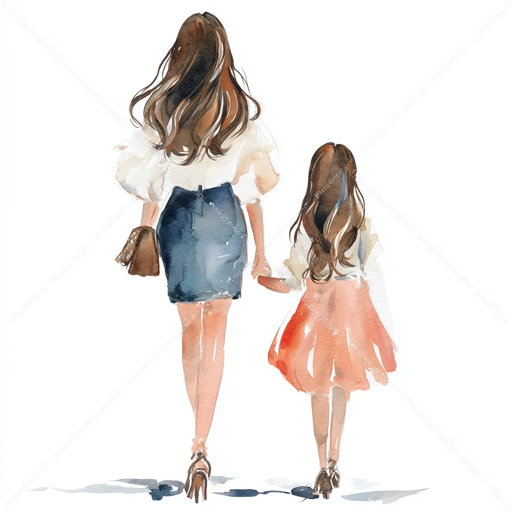 A watercolor painting shows a mother and daughter walking hand-in-hand, viewed from behind. The mother, in a white blouse and denim skirt, carries a brown handbag. Her daughter wears a coral-colored skirt and a white top. Both have long brown hair.  The style is fashion illustration, with a soft, elegant feel.