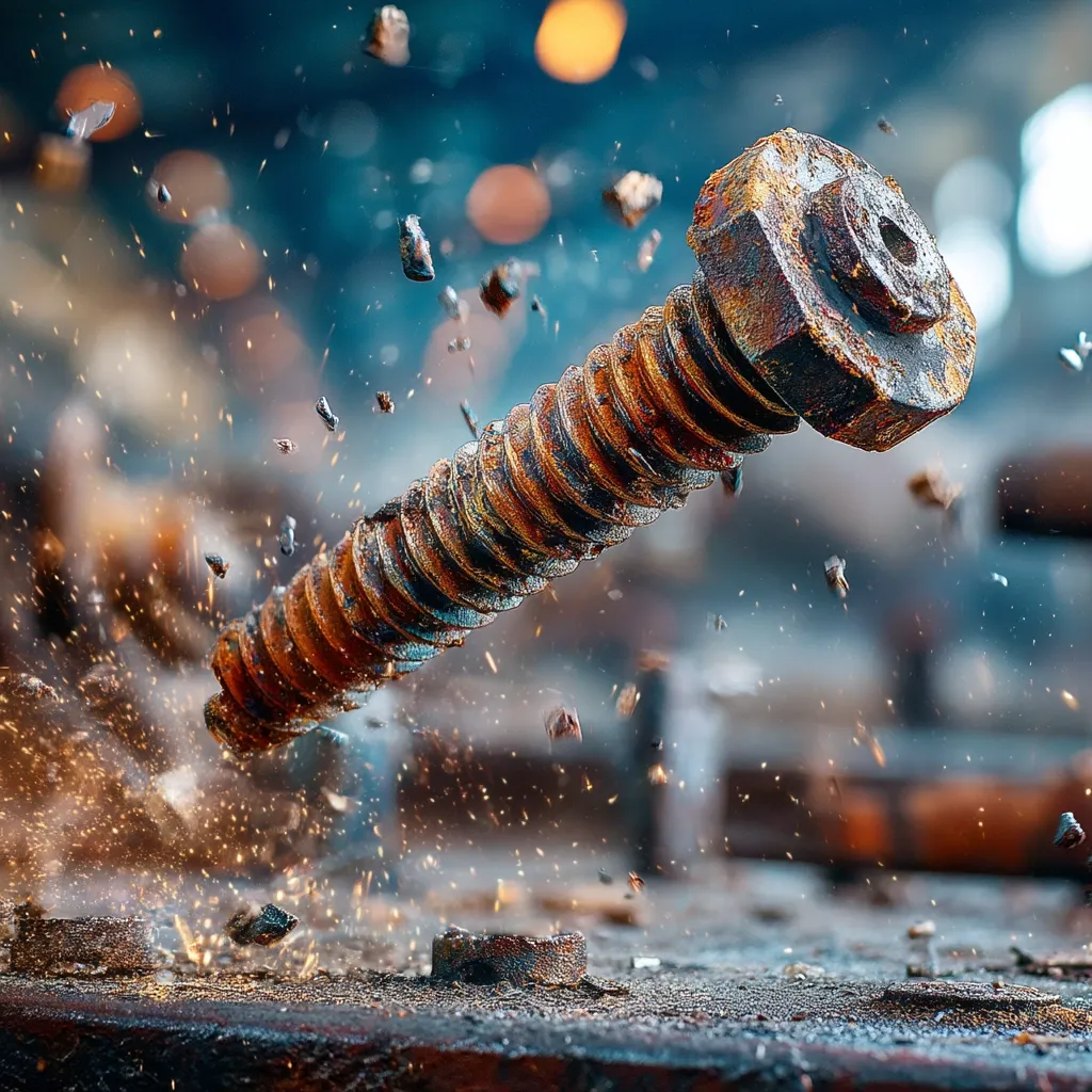 A rusty, large bolt is shown in mid-air, seemingly having sheared from its connection.  Sparks and fragments of metal are flying in all directions, creating a dynamic, high-energy image. The background is blurred but suggests an industrial setting, possibly a factory or workshop. The overall impression is one of forceful breakage and intense action.
