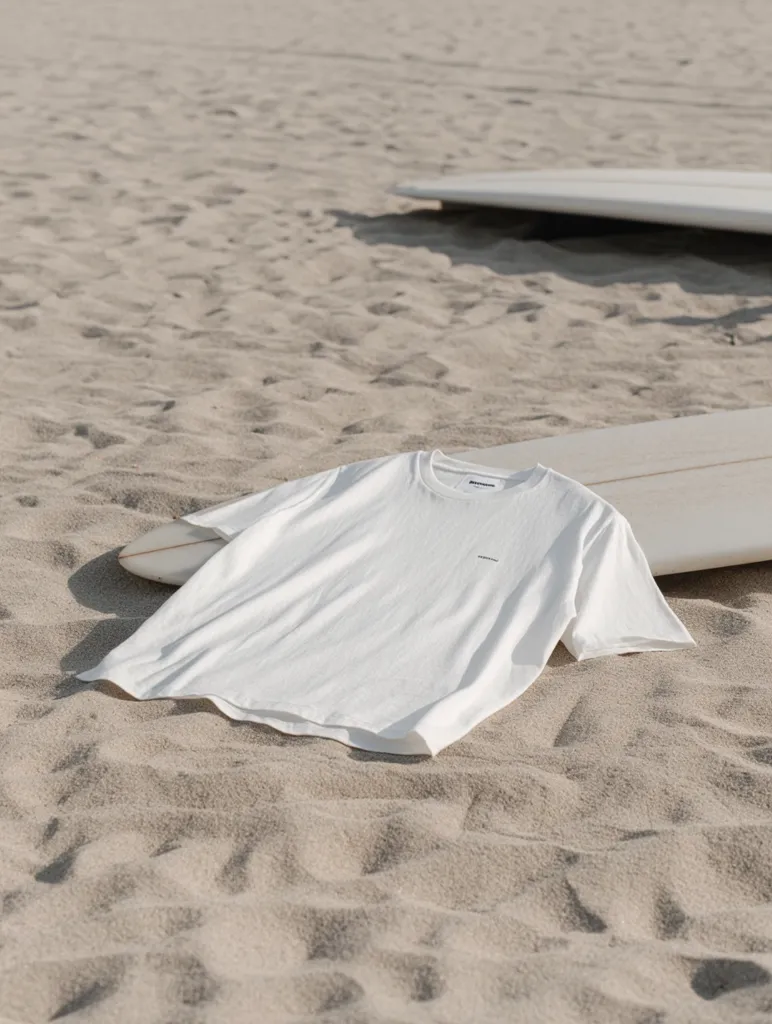A cream-colored t-shirt is laid on a sandy beach next to a surfboard. The simple, minimalist design of the shirt is emphasized by the natural, beach setting. The soft light and muted tones create a serene and calming atmosphere.  The scene suggests relaxation and a casual, summer lifestyle.