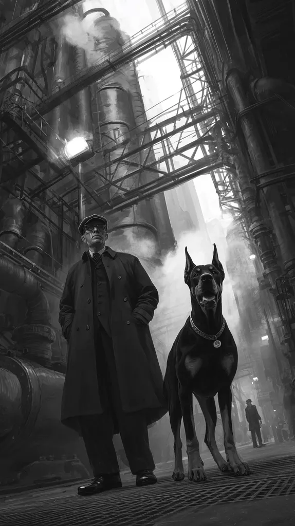 A man in a long overcoat and a cap stands with his Doberman Pinscher in a gritty, industrial alleyway.  The scene is monochromatic, emphasizing the stark contrast between the man's dark clothing and the looming metal structures.  Steam rises from pipes, adding to the atmospheric feel.  A distant figure is visible, further isolating the central figures. The image evokes a sense of mystery and urban decay.