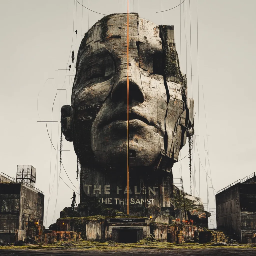 A colossal, fragmented stone face dominates a desolate landscape.  Overgrown with vegetation, the head appears weathered and broken, yet imposing.  Thin figures are visible scaling its structure.  Below, a weathered sign reads "The Faint" and "The The Sanst," adding to the mysterious and post-apocalyptic atmosphere of the scene.  The overall setting suggests a decaying, forgotten civilization.