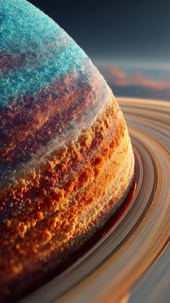 A close-up, artistic rendering of a celestial body, possibly a planet or moon.  The surface texture is highly detailed, showing a blend of orange, brown, and teal colors, resembling a textured, bubbly surface.  The planet is partially visible, with a portion of its rings in the background, suggesting a planetary system. The lighting suggests a sunrise or sunset, casting a warm glow on the scene.