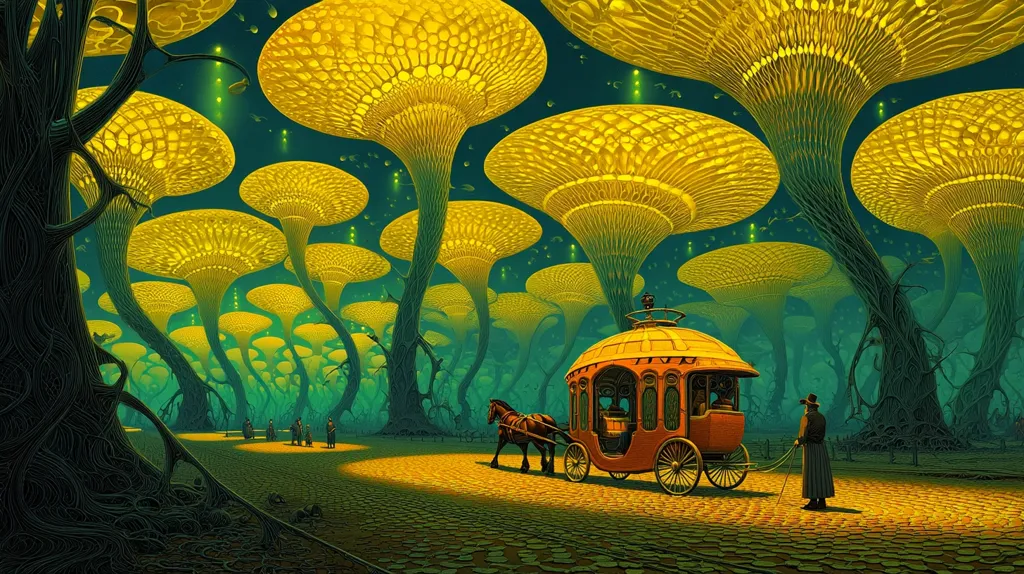 A surreal landscape unfolds, dominated by a forest of colossal, glowing yellow mushrooms.  A horse-drawn carriage, reminiscent of a Victorian era design, travels along a cobblestone path through this fantastical environment.  Small figures are visible in the distance, adding to the dreamlike atmosphere. The scene is bathed in an otherworldly, soft light.
