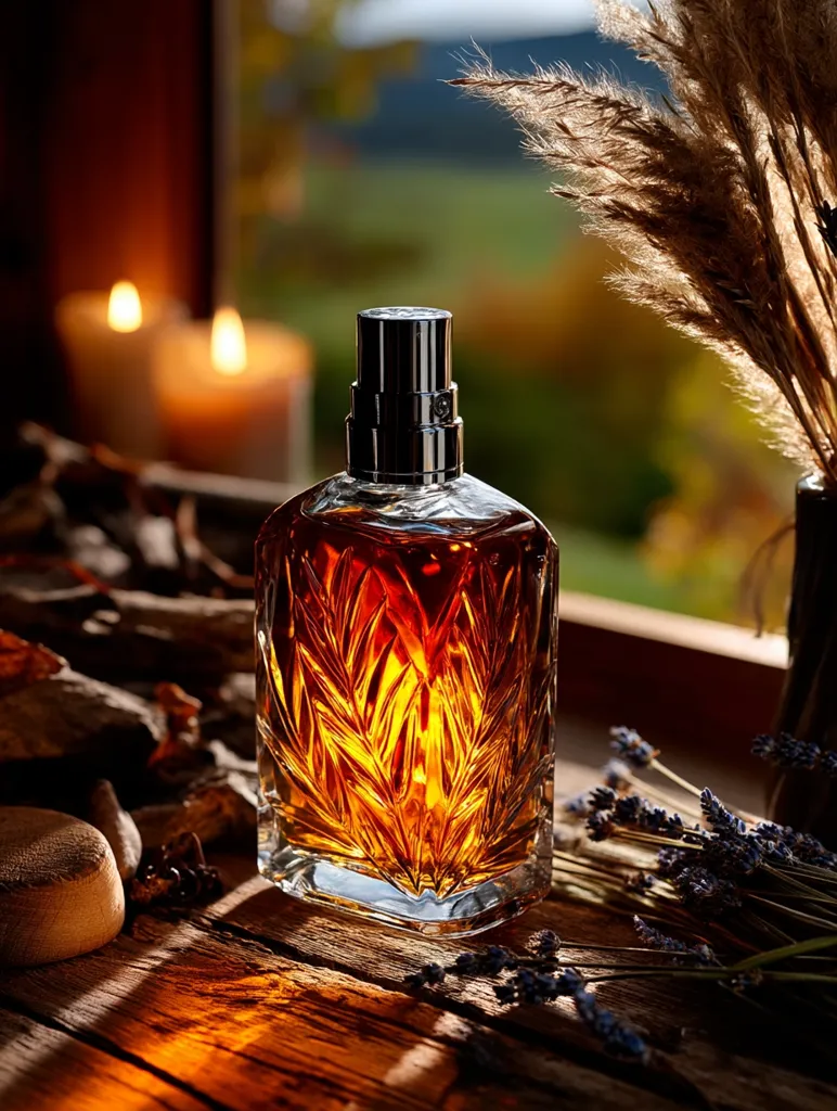 A bottle of amber-colored perfume sits on a rustic wooden surface, bathed in warm, golden light.  Candles glow softly in the background, adding to the intimate atmosphere.  Dried lavender and pampas grass are artfully arranged around the bottle, enhancing the autumnal ambiance. The perfume bottle's crystal-like design catches the light, creating a captivating display.