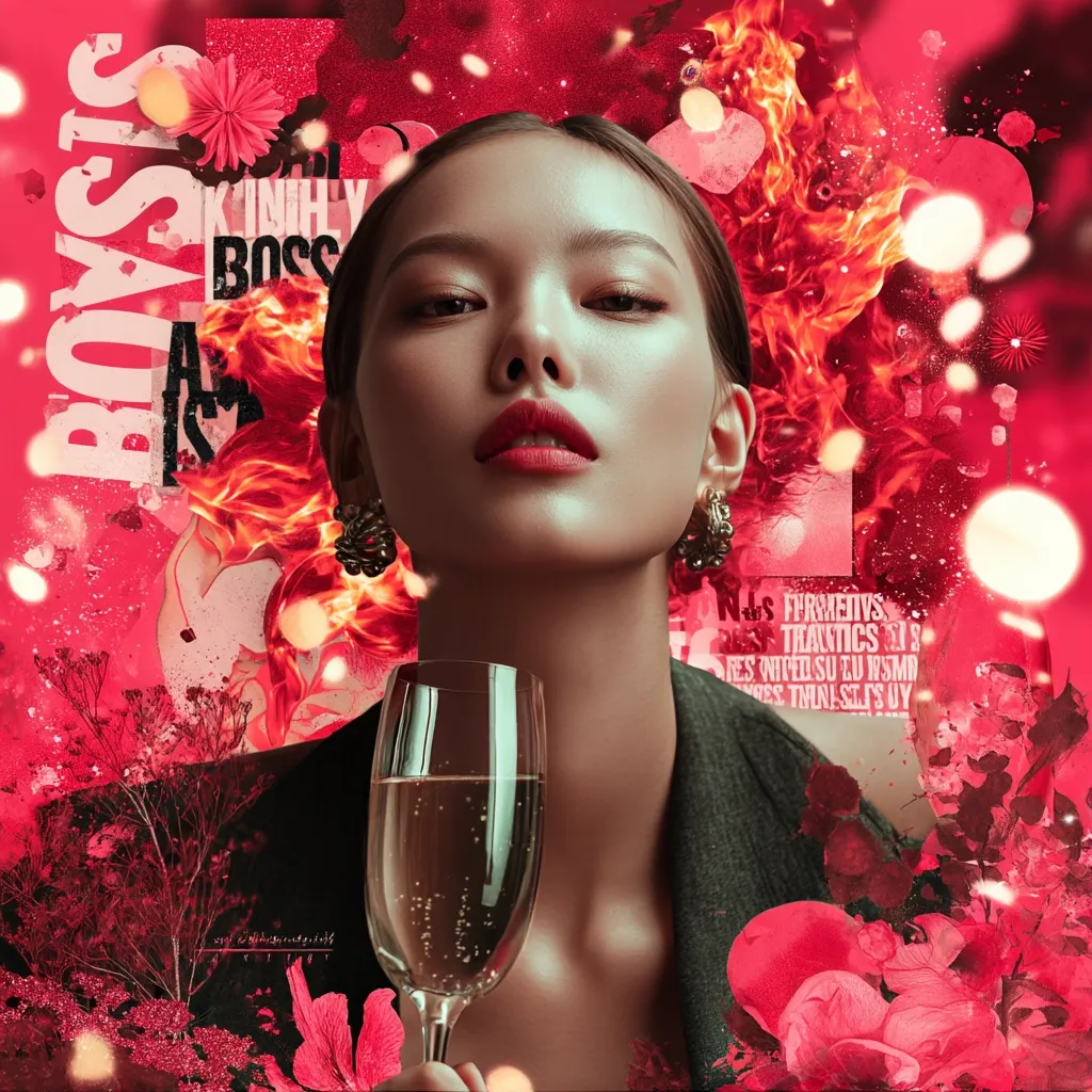 A stylized portrait of a woman holding a champagne flute.  She's elegantly dressed and her face is meticulously made up.  The backdrop is a vibrant collage of fiery red hues, abstract shapes, and text fragments, creating a bold, dramatic, and slightly edgy aesthetic.  The overall mood is luxurious and intense.