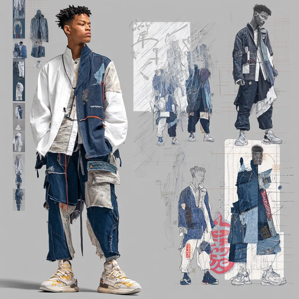 A fashion design concept showcases a male model in deconstructed denim clothing.  The outfit features layered, patched denim pants and a jacket with contrasting white fabric.  Accompanying sketches illustrate variations of the design, highlighting the layered, patched aesthetic.  The overall style is deconstructed and avant-garde, incorporating elements of streetwear and traditional Japanese design.  The color palette is predominantly shades of blue and white.