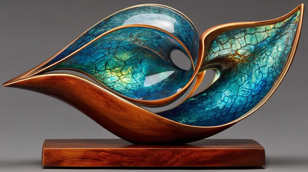 A stunning bronze sculpture features two intertwined, flowing forms reminiscent of leaves or waves.  The teal and green patina creates a captivating contrast with the rich bronze tones.  The polished surface reflects light, enhancing the depth and texture. The piece rests on a polished dark wood base, completing its elegant and artistic presentation.