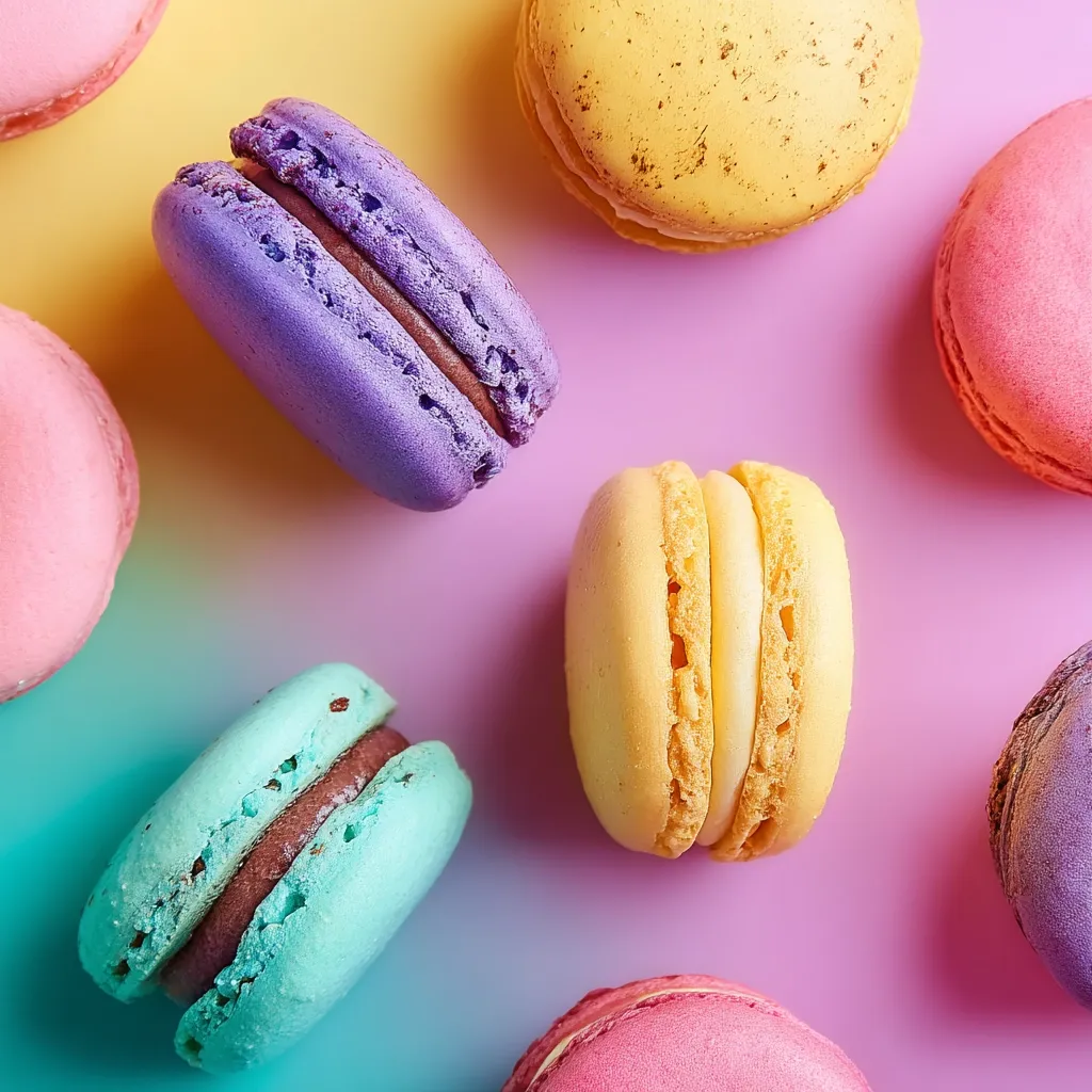 A vibrant collection of colorful macarons are scattered on a pastel pink and yellow background.  The delicate pastries, in shades of purple, yellow, pink, light blue, and a speckled yellow, are arranged in a visually appealing pattern.  Their smooth surfaces and contrasting fillings highlight the sweet treats' delicate nature. The image is a delightful display of French confectionery.