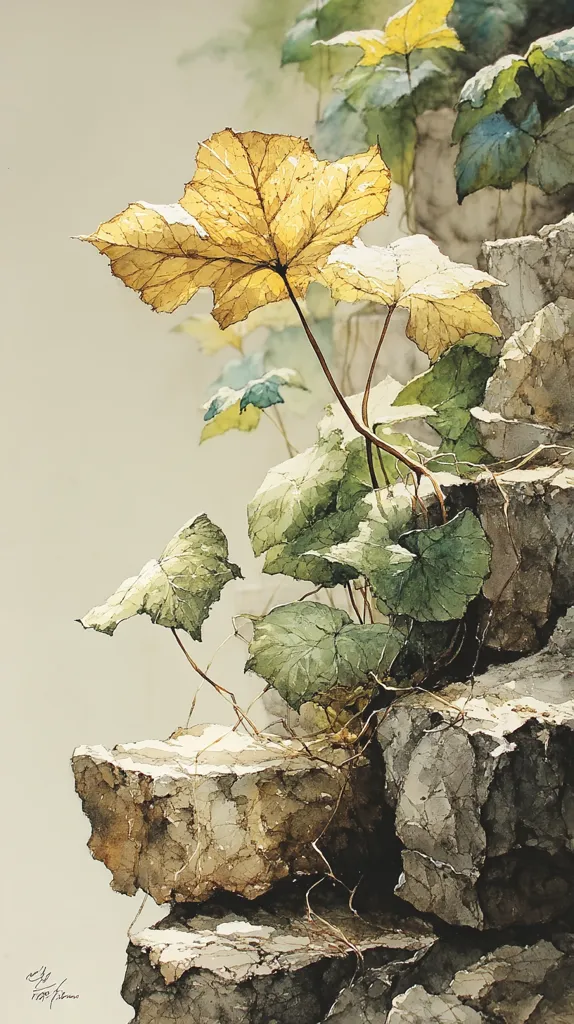 A watercolor painting depicts a delicate vine with leaves in varying shades of green and yellow growing from the crevices of a weathered stone wall.  The largest leaf is a pale yellow, suggesting autumn. The stones are rendered with detailed texture, showing age and erosion.  The overall effect is one of serene natural beauty and the passage of time.