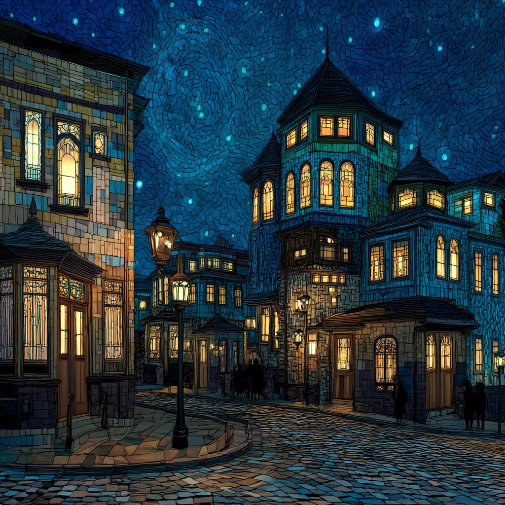 A charming cobblestone street at night, depicted in a stained-glass style, features quaint buildings with glowing windows.  The starry sky is a vibrant blue, speckled with bright stars.  Street lamps illuminate the scene, casting a warm glow on the architecture, which boasts unique designs and ornate details.  A few shadowy figures add a sense of quiet life in this picturesque nocturnal setting. The overall effect is dreamlike and evocative.
