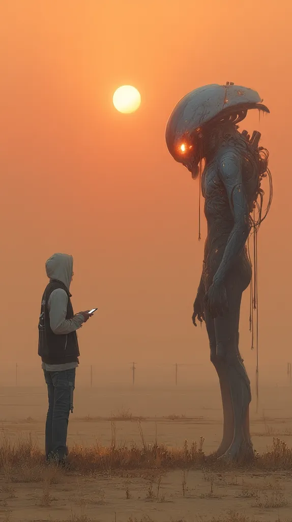 A lone figure, hooded and clad in jeans, stands in a desolate, dusty landscape at sunset.  A towering, otherworldly being looms behind them, its form suggesting a blend of technology and organic material. The sun casts a warm, orange glow across the scene, creating a stark contrast between the small human and the imposing alien presence. The overall mood is one of quiet contemplation and otherworldly encounter.