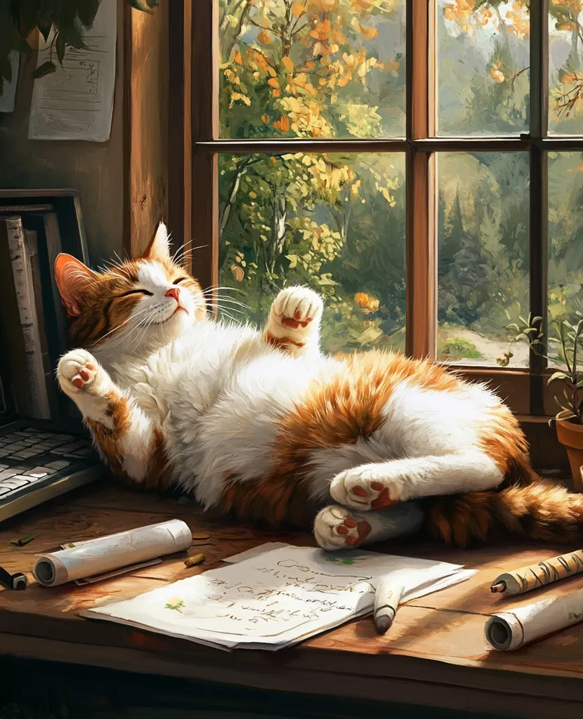 A fluffy orange and white cat naps contentedly on a wooden desk beside a sunlit window.  Papers and writing instruments are scattered on the desk, suggesting a workspace. The window offers a view of an autumnal landscape, enhancing the peaceful and cozy ambiance. The cat's relaxed posture and the warm light create a serene and idyllic scene.