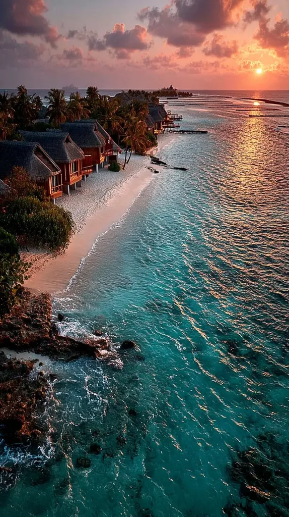 A breathtaking sunset casts a warm glow over a picturesque beach scene.  Several charming, thatched-roof bungalows line the pristine, sandy shore, nestled amongst lush palm trees.  The turquoise ocean stretches out to the horizon, its tranquil waters gently lapping against the beach.  The overall scene evokes a sense of peace and serenity in a tropical paradise.