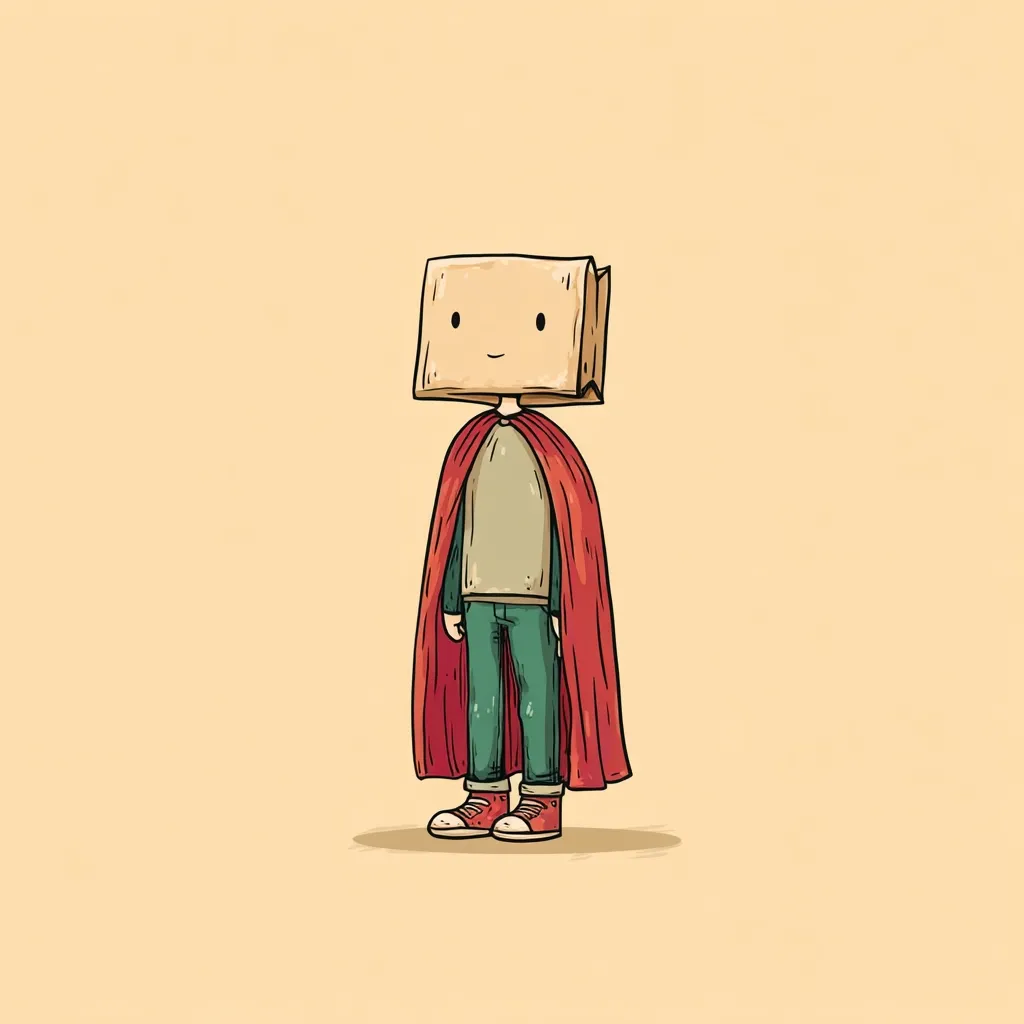A whimsical illustration depicts a child-like figure wearing a brown paper bag over their head, subtly smiling.  The figure is adorned with a red cape and green trousers, and wears red shoes.  The simple, cartoonish style and muted color palette create a charming, slightly mysterious image.