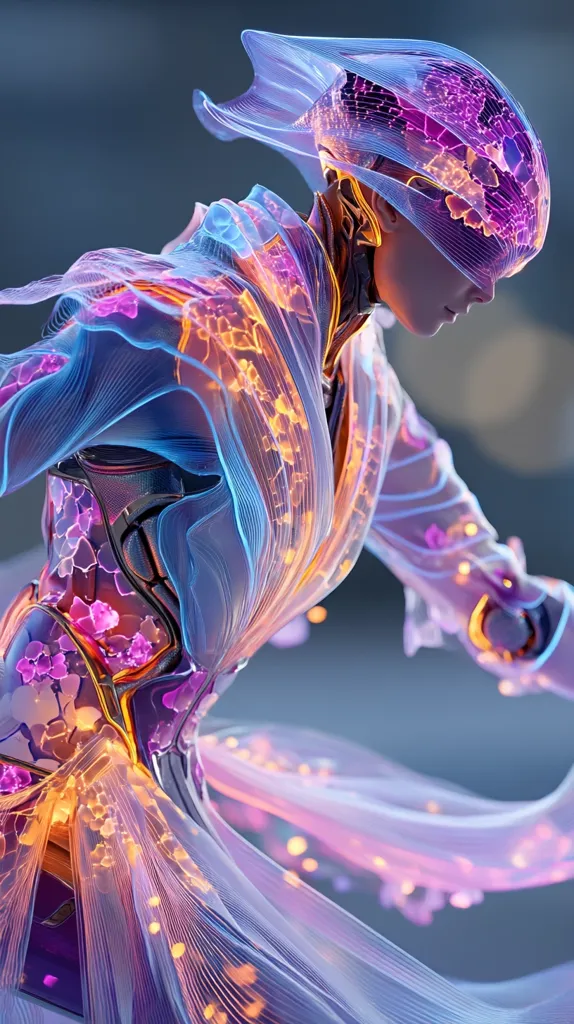 A digital artwork depicts a cyborg-like figure adorned in a flowing, translucent garment.  The attire glows with warm and cool light, resembling a blend of technology and organic elements, possibly blossoms or energy. The figure's head is partially obscured by a helmet or hood integrated into the garment. The overall aesthetic is futuristic and ethereal, a captivating blend of mechanics and elegance.