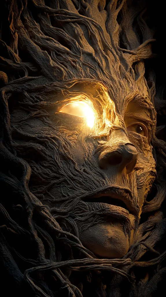 A striking close-up reveals a face sculpted from earth and roots, appearing ancient and wise.  The intricate network of roots forms the face's features, with a single eye glowing with an inner light.  The texture is rough and earthy, conveying a sense of age and the power of nature. The overall mood is one of mystery and perhaps ancient magic.