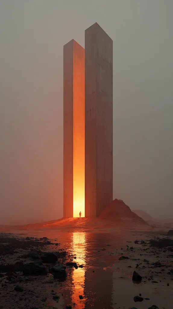 A solitary figure stands before a tall, monolithic structure split open to reveal a radiant, orange light within. The structure sits on a desolate, reddish landscape, beside a calm body of water reflecting the warm glow.  A hazy atmosphere envelops the scene, creating a mysterious and ethereal mood. The image evokes a sense of isolation and the unknown.