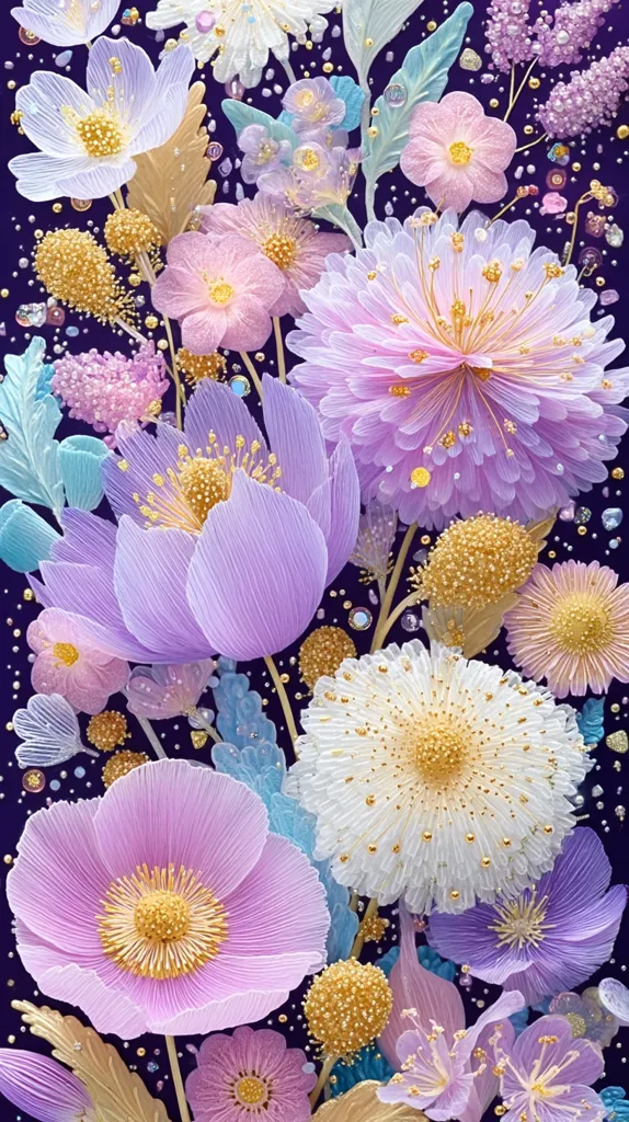 A vibrant close-up showcases a meticulously crafted floral arrangement.  Delicate pastel-colored flowers, predominantly in shades of purple, pink, and white, are intricately detailed, with gold accents adding sparkle.  The flowers appear to be three-dimensional, perhaps sculpted or embroidered, against a deep purple background sprinkled with tiny golden beads. The overall effect is one of exquisite artistry and delicate beauty.