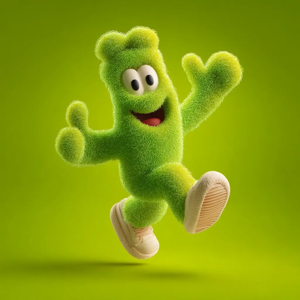 A cheerful, green, furry creature, resembling a gummy candy, joyfully leaps across a lime green background.  Its arms are outstretched, one in a thumbs-up gesture, and it wears off-white sneakers.  The character's design is playful and cartoonish, with a wide, happy smile.