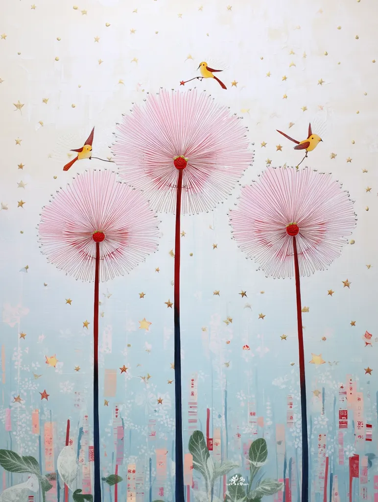 A whimsical painting depicts three large, pink dandelion-like flowers against a light blue background speckled with gold stars.  Small yellow birds perch on delicate stems, seemingly interacting with the flowers. The stems are dark red and blue, rising from a field of stylized, pastel foliage. The overall style is dreamy and fantastical.