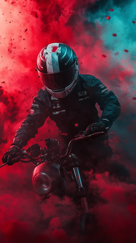 A motorcyclist, clad in a black racing suit and helmet, navigates a motorbike through a vibrant cloud of red and teal smoke. The dramatic lighting and color contrast create a dynamic and visually striking image, emphasizing the speed and intensity of the scene. The rider's focused posture and the swirling smoke convey a sense of motion and adrenaline.  The overall aesthetic is edgy and stylized.