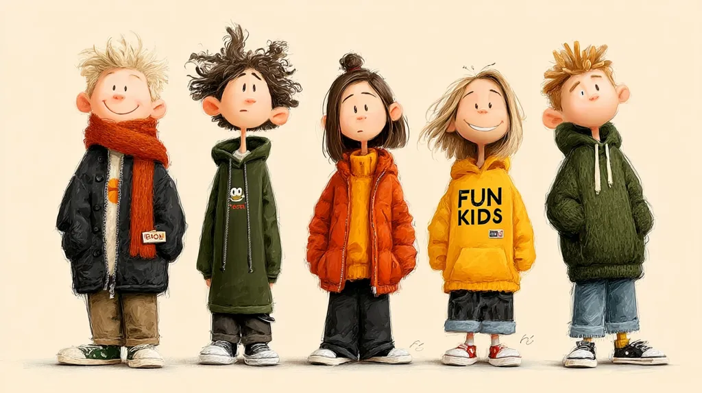 Five stylized children stand in a row, each wearing fashionable outerwear.  From left to right: a boy in a dark jacket and orange scarf, a boy in an olive hoodie, a girl in an orange puffer jacket, a girl in a yellow "Fun Kids" hoodie, and a boy in a dark green hoodie.  Their expressive faces and clothing create a playful and trendy image.