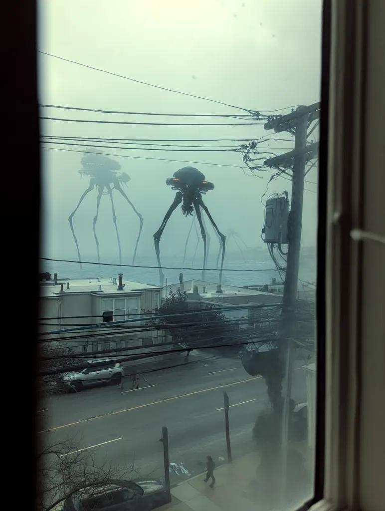 Viewed from a window, two colossal tripodal machines, reminiscent of science fiction invaders, loom over a misty city street.  Power lines crisscross the scene, adding to the ominous atmosphere.  A few cars and pedestrians are visible, dwarfed by the immense scale of the alien constructs. The overall mood is one of apprehension and impending threat.