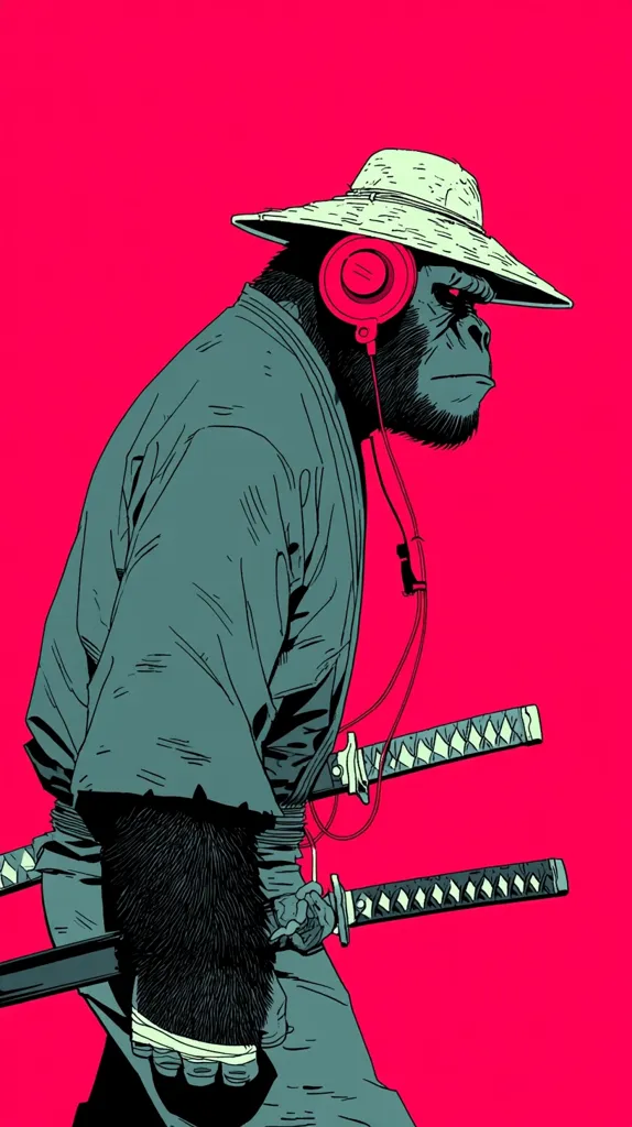 A stylized illustration depicts a gorilla, clad in a samurai-style robe and wide-brimmed hat.  He wears oversized headphones and carries two katanas at his waist. The color palette is stark, featuring teal and pink, creating a bold and graphic image. The gorilla's expression is serious and contemplative, suggesting a blend of traditional warrior aesthetics and modern elements. The overall style is reminiscent of graphic novels and street art.