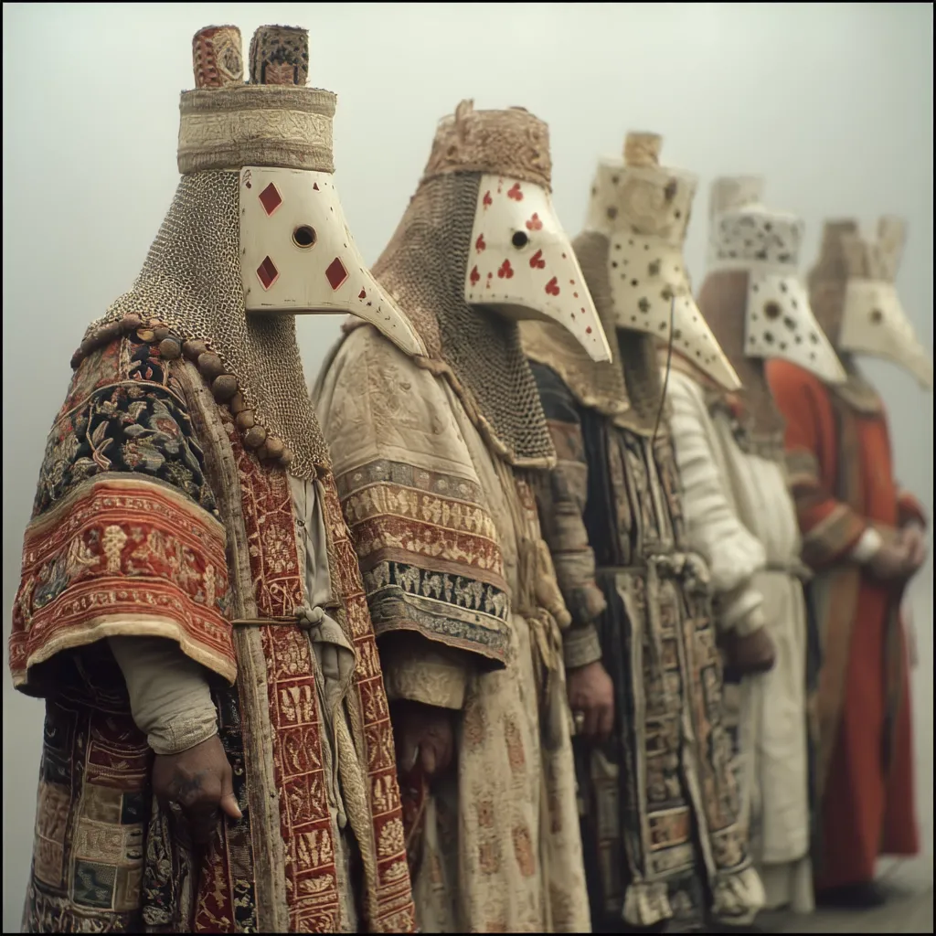 A line of figures stand in muted light, clad in elaborate, antique-style robes.  Each wears a long, beaked mask adorned with playing card symbols. The robes are richly patterned with reds, creams, and browns, featuring intricate embroidery and possibly chainmail undergarments.  The overall effect is one of mystery and historical pageantry.